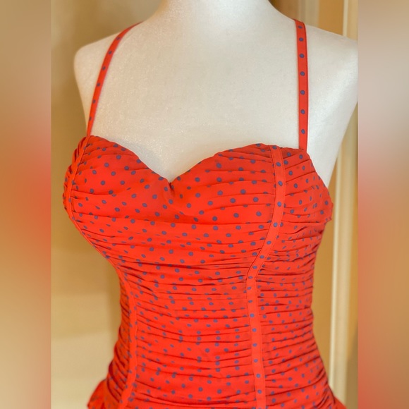 Guess corset vintage pin-up style top, red-orange + blue polka dots, bra top, S - Picture 2 of 5